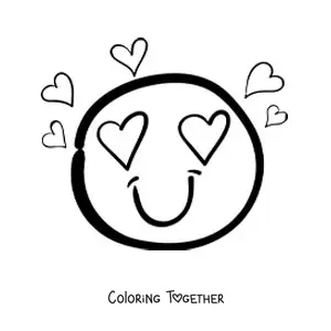 Coloring page of an emoji in love with heart eyes and hearts all around