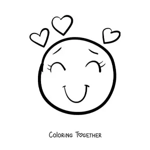 Coloring page of a smiling face emoji in love with hearts