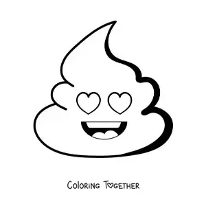Coloring page of a smiling poop emoji in love