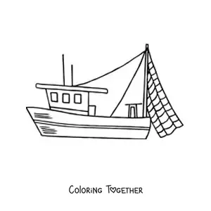 Coloring page of a fishing boat with a net