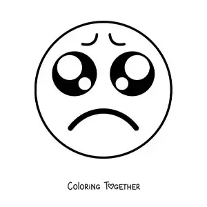 Coloring page of a sad kawaii emoji with big eyes