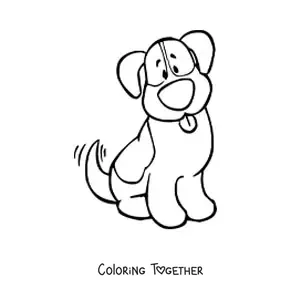 Coloring page of a cartoon spotted dog sitting and wagging its tail