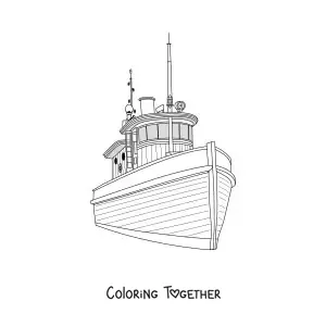 Coloring page of a tugboat seen from the front