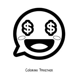 Coloring page of a smiling kawaii emoji with money eyes