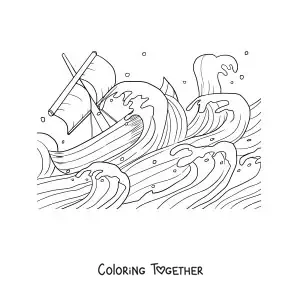 Coloring page of a boat in the middle of a storm