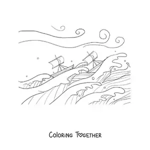 Coloring page of two boats in the middle of a storm