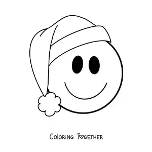 Coloring page of a happy face emoji with a Christmas hat