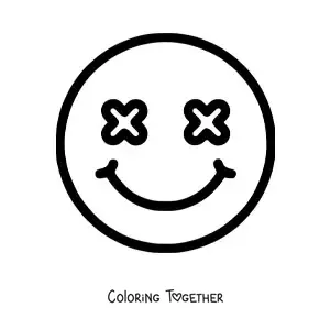 Coloring page of a happy face emoji with X-shaped eyes