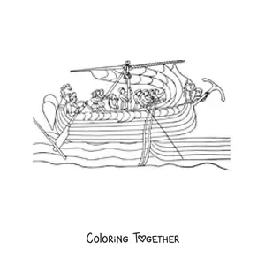 Coloring page of an old ship with crew members at sea