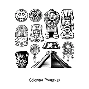 Coloring page of a Mayan pyramid and art