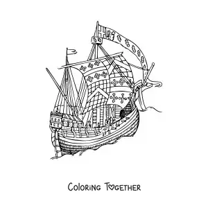 Coloring page of an old ship at sea with crosses on the sails