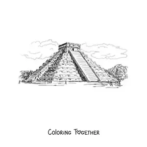 Coloring page of the Temple of Kukulkan at Chichen Itza