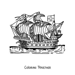 Coloring page of an old ship at sea