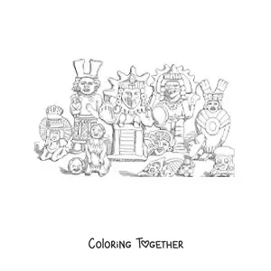 Coloring page of Aztec clay figures