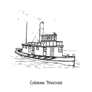 Coloring page of a steam tugboat at sea