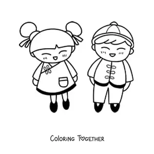 Coloring page of kawaii Chinese children