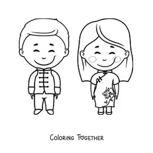 Coloring page of an animated Chinese couple