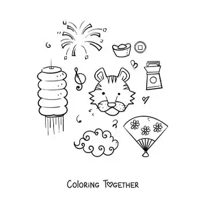 Coloring page of kawaii elements of Chinese culture