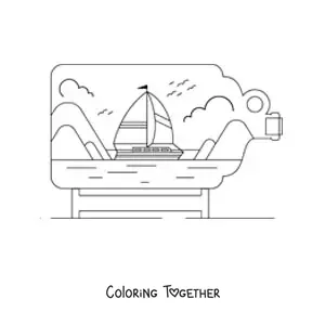Coloring page of a boat at sea with clouds inside a bottle