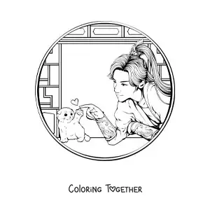 Coloring page of a beautiful Chinese warrior woman with a cat