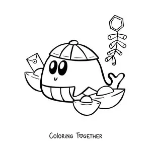 Coloring page of an animated kawaii whale celebrating Chinese New Year