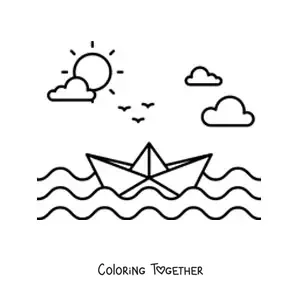Coloring page of a paper boat at sea