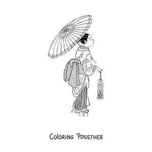 Coloring page of a Chinese woman with a parasol