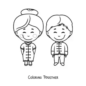 Coloring page of a Chinese man and woman in traditional dress