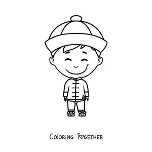 Coloring page of a Chinese boy in traditional dress