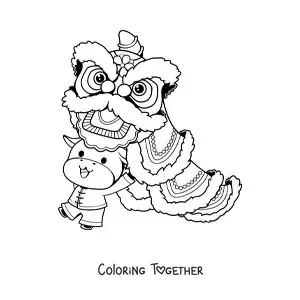 Coloring page of an animated cow with a Chinese dragon