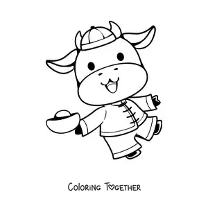 Coloring page of an animated cow celebrating Chinese New Year