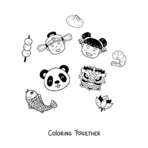 Coloring page of kawaii Chinese children with a panda and a Chinese mask