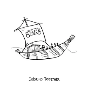 Coloring page of an Inca boat with crew members at sea