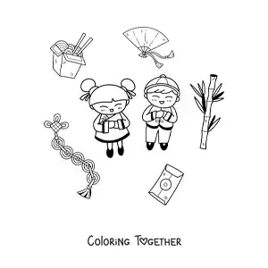 Coloring page of kawaii Chinese children with elements of Chinese culture