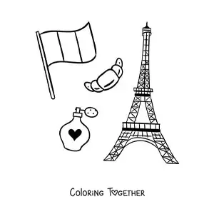 Coloring page of the Eiffel Tower and the flag of France