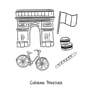 Coloring page of the Arc de Triomphe in Paris and the flag of France