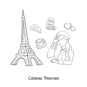 Coloring page of the Eiffel Tower and a French girl
