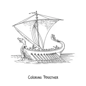 Coloring page of an ancient Roman ship with a serpent bow at sea