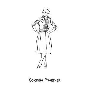 Coloring page of a fashionable French girl