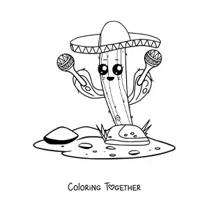 Coloring page of a cute kawaii cartoon Mexican cactus