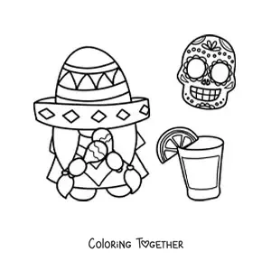 Coloring page of a cartoon gnome with a Mexican hat and tequila
