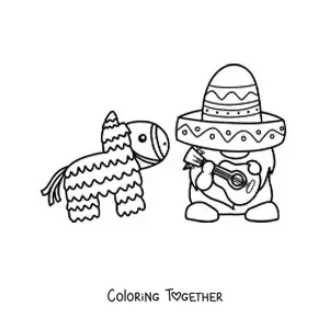 Coloring page of a cartoon gnome with a Mexican hat and a pinata