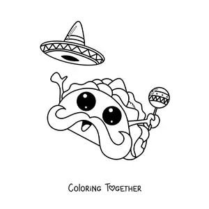 Coloring page of a cute kawaii cartoon Mexican taco with a hat and a maraca