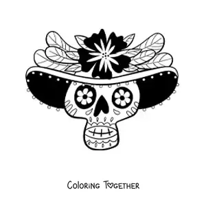 Coloring page of a Mexican skull with a hat
