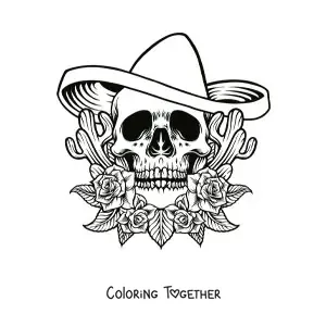 Coloring page of a skull with a Mexican hat