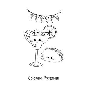 Coloring page of a cartoon taco with tequila