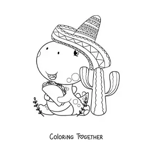 Coloring page of a cartoon dinosaur with a Mexican hat and a taco