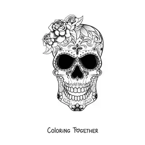 Coloring page of a Mexican skull with flowers