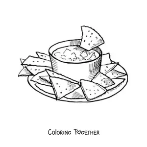 Coloring page of nachos with guacamole