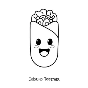 Coloring page of a cute kawaii cartoon burrito